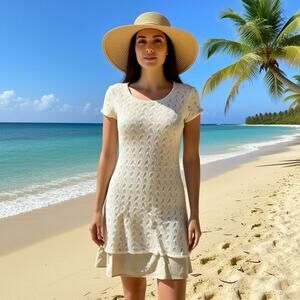 L’atelier Women S Sheath Dress Ivory Crochet Knit Layer Nautical Beach Summer